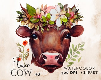 Flower Wreath Cow Watercolor (Graphic) Botanical Illustration, Highland Brown Cow, Cute Instant Download #3