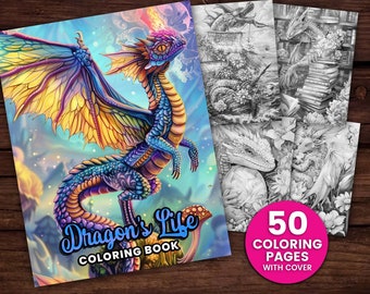 50 Dragon's Life kleurplaten paginaboek, volwassenen + kinderen Instant Download grijswaarden kleurplaat, afdrukbare pdf, meisjes, draak, fantasie, schattig