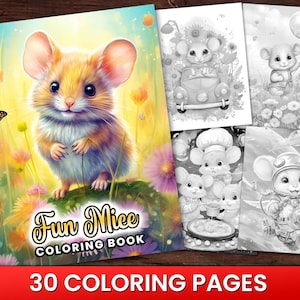 Cute Fun Mice Hobby Critters Cute Mouse Animal Coloring Page Book, Adults + kids Instant Download Grayscale Coloring Page, adorable mouse