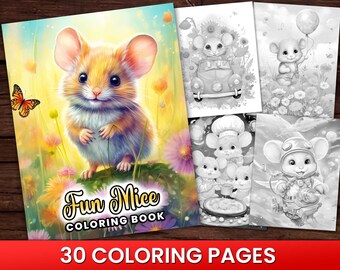 Cute Fun Mice Hobby Critters Cute Mouse Animal Coloring Page Book, Adults + kids Instant Download Grayscale Coloring Page, adorable mouse