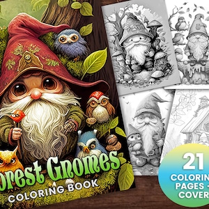 21 Forest Gnome Coloring Book, Adults kids Instant Download -Grayscale Coloring Page - Printable PDF, gnomes, gnome houses, fantasy coloring