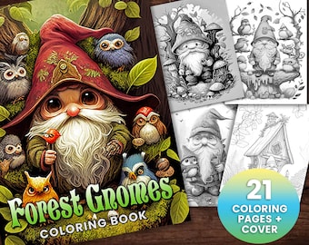 21 Forest Gnome Coloring Book, Adults kids Instant Download -Grayscale Coloring Page - Printable PDF, gnomes, gnome houses, fantasy coloring