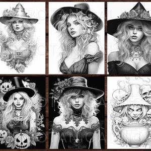 May include: A set of six black and white printable coloring pages featuring witches with different hats and accessories. The witches are surrounded by roses, pumpkins, and other Halloween-themed imagery.