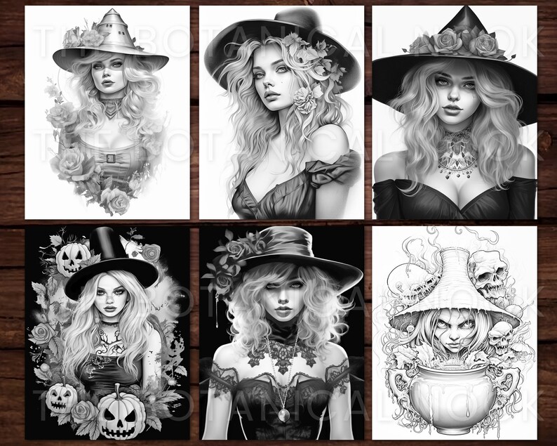 May include: A set of six black and white printable coloring pages featuring witches with different hats and accessories. The witches are surrounded by roses, pumpkins, and other Halloween-themed imagery.