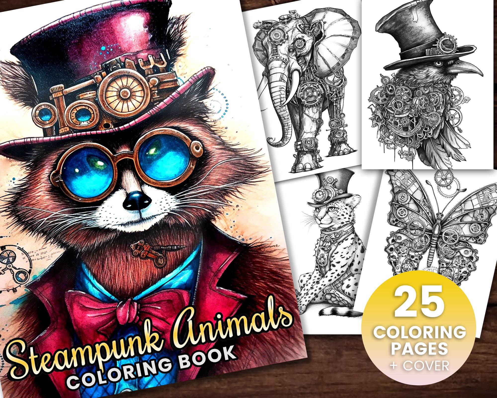25 Steampunk Animals Coloring Book, Adults + kids Instant Download…
