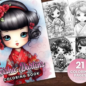 Geisha Darlings Girls Fantasy Japanese Coloring Book, Adults + kids- Instant Download - Grayscale Coloring Page - Gift, Printable PDF