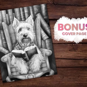 Pu&ograve; includere: Illustrazione in bianco e nero di un cane che legge un libro seduto su una sedia, circondato da librerie. Il cane indossa un gilet a quadri e una camicia. L'immagine include il testo "BONUS COVER PAGE".