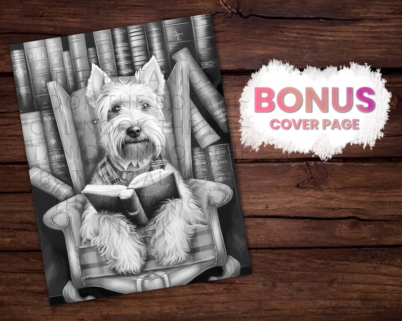 Pu&ograve; includere: Illustrazione in bianco e nero di un cane che legge un libro seduto su una sedia, circondato da librerie. Il cane indossa un gilet a quadri e una camicia. L'immagine include il testo "BONUS COVER PAGE".