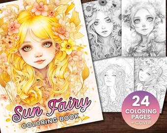 24 Sun Fairies Coloring Book, Adults + kids- Download - Grayscale Coloring Page - Gift, Printable PDF, fairy, goddess of the sun, summer