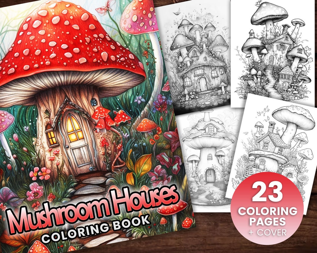 23 Mushroom Houses V2 Coloring Page Book, Adults + Kids- Instant ...