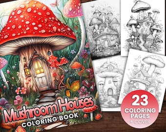 23 Mushroom Houses V2 Coloring Page Book, Adults + kids- Instant Download - Grayscale Coloring Page Printable PDF,mushrooms, trippy coloring