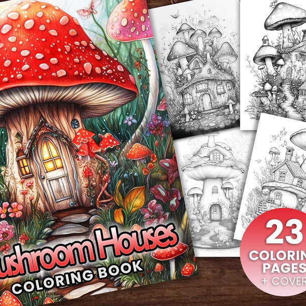 23 Mushroom Houses V2 Coloring Page Book, Adults + kids- Instant Download - Grayscale Coloring Page Printable PDF,mushrooms, trippy coloring