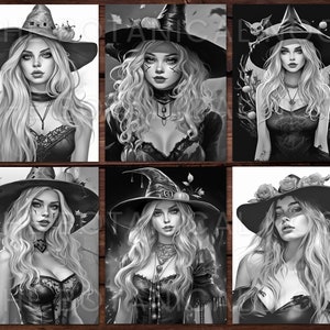 May include: A set of six black and white illustrations of women wearing witch hats. Each illustration features a different witch with a unique hat and pose. The illustrations are perfect for coloring or using as inspiration for your own art.