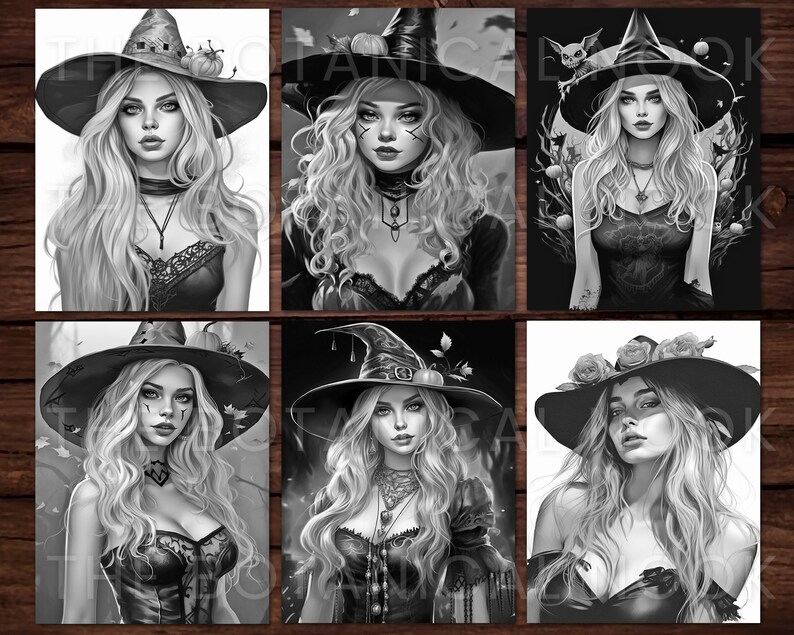 May include: A set of six black and white illustrations of women wearing witch hats. Each illustration features a different witch with a unique hat and pose. The illustrations are perfect for coloring or using as inspiration for your own art.