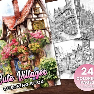 24 Cute Village Homes Coloring Book, Adults kids Instant Download -Grayscale Coloring Book -Printable PDF, Flower Village, Flower village