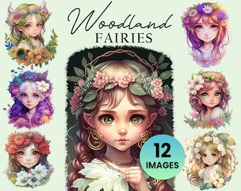 Delicate Woodland Forest Fairy Girls (12 Graphics) Illustration Instant Download; crafting, commercial, Fantasy Elf Clipart, Cute