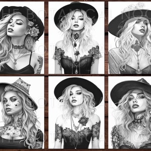 May include: Six black and white illustrations of women wearing hats and jewelry. Each woman has long, flowing hair and is looking directly at the viewer. The illustrations are in a vintage style.