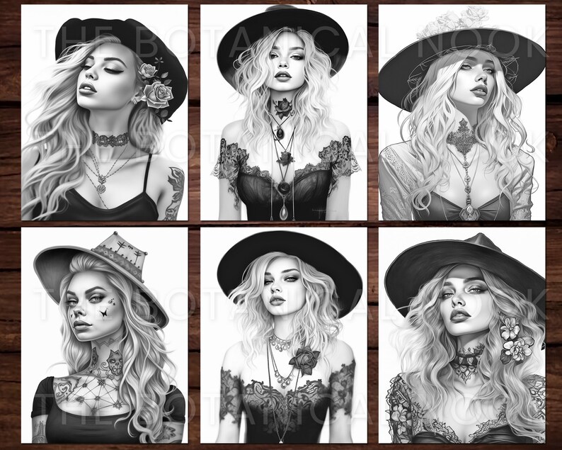 May include: Six black and white illustrations of women wearing hats and jewelry. Each woman has long, flowing hair and is looking directly at the viewer. The illustrations are in a vintage style.