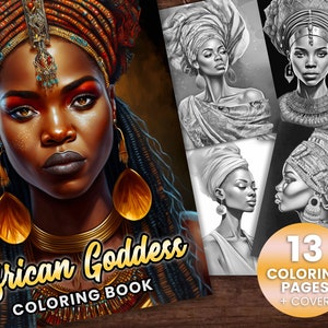 13 African Goddesses Coloring Page, Adults + kids- Download - Grayscale Coloring Page - Gift, Printable, beautiful African queens, goddess