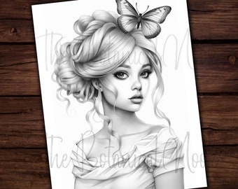 Pretty Lady Butterfly Woman glossy Hairstyle Coloring Page, Adults & kids- Instant Download - Grayscale Coloring Page - Gift, PDF, Gorgeous