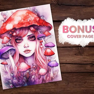 May include: A watercolor painting of a girl with pink hair wearing a large red mushroom as a hat. She is surrounded by a variety of purple and pink mushrooms.