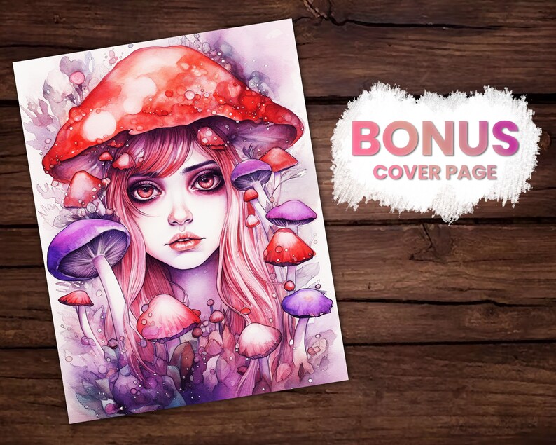 May include: A watercolor painting of a girl with pink hair wearing a large red mushroom as a hat. She is surrounded by a variety of purple and pink mushrooms.