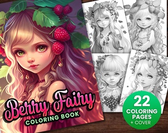 22 Berry Fairy Cute Forest Girl Anime Coloring Page Book, Adults + kids- Instant Download Grayscale Coloring Page - Gift, Printable Art PDF