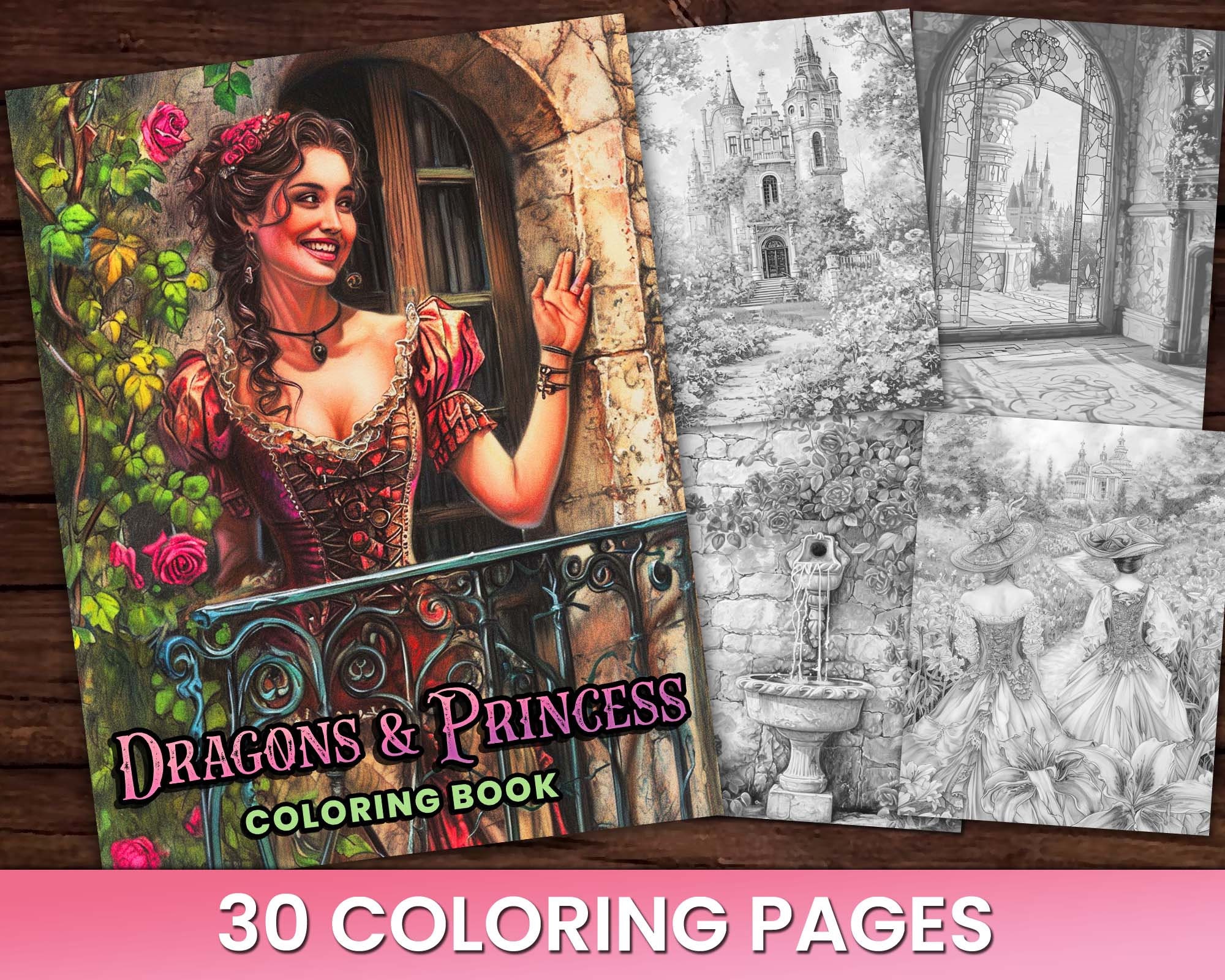 30 Princess and Dragon Coloring Pages Book, Adults + kids- Instant…