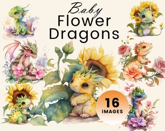 16 Cute Flower Dragon Babies (16 Graphic Clip Art) Illustration Instant Download; crafting, commercial, Fantasy Clipart, animals, Dragons
