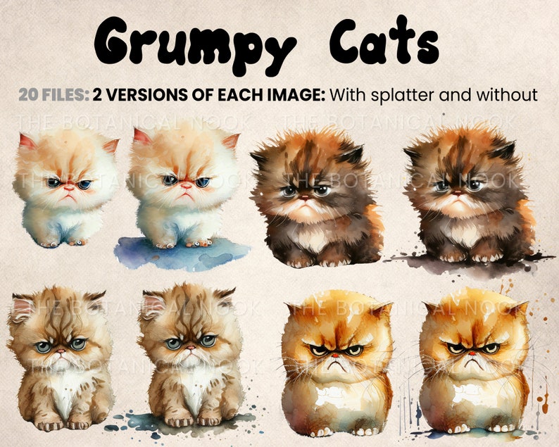 May include: A digital illustration of ten grumpy cats with watercolor-like textures. The cats are all different colors and have different expressions on their faces. The text "Grumpy Cats" is at the top of the image, and the text "20 FILES: 2 VERSIONS OF EACH IMAGE: With splatter and without" is below the cats.