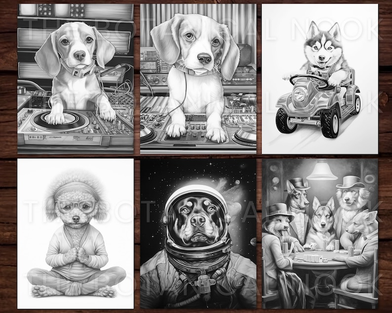Pu&ograve; includere: Una collezione di sei stampe artistiche in bianco e nero raffiguranti cani antropomorfi in vari scenari. Un beagle &egrave; un DJ, un husky guida un'auto giocattolo e un Rottweiler indossa un casco da astronauta. Altri mostrano un barboncino che medita e cani che giocano a poker.