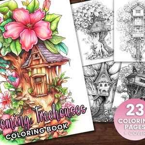 23 Blooming Tree Houses Coloring Book, Adults kids Instant Download -Grayscale Coloring Book -Printable PDF, Flower Houses, Fairy Houses