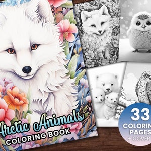 K&ouml;nnte beinhalten: Ein Malbuch mit dem Titel "Arctic Animals Coloring Book" mit einem wei&szlig;en Polarfuchs, umgeben von bunten Blumen. Das Buch enth&auml;lt 33 Malvorlagen mit Bildern von arktischen Tieren, darunter ein Fuchs, eine Eule und Eisb&auml;ren.