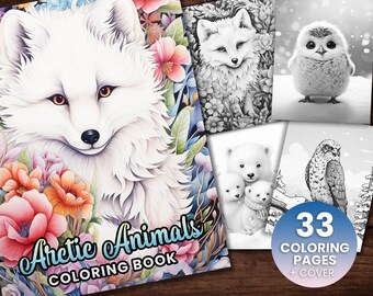 22 Arctic Animals Cute Animal Coloring Page Book, Adults + kids Instant Download Grayscale Coloring Page, Printable PDF Squirrel, Fox, whale