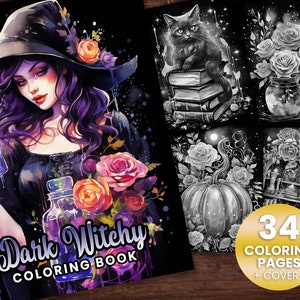 May include: A coloring book with a black cover featuring a witch with purple hair and a black hat. The title of the book is "Dark Witchy Coloring Book". The cover also features a variety of flowers and a potion bottle. The book includes 34 coloring pages plus a cover.