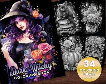 34 Dark Witchy Coloring Book, Adults + kids- Download - Grayscale Coloring Page - Gift, Printable PDF, witches, cats , candles, spiritual