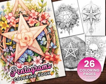 26 Pentagrams Coloring Book, Adults + kids- Download - Grayscale Coloring Page - Gift, Printable PDF, witchy, spiritual, leaves, flowers