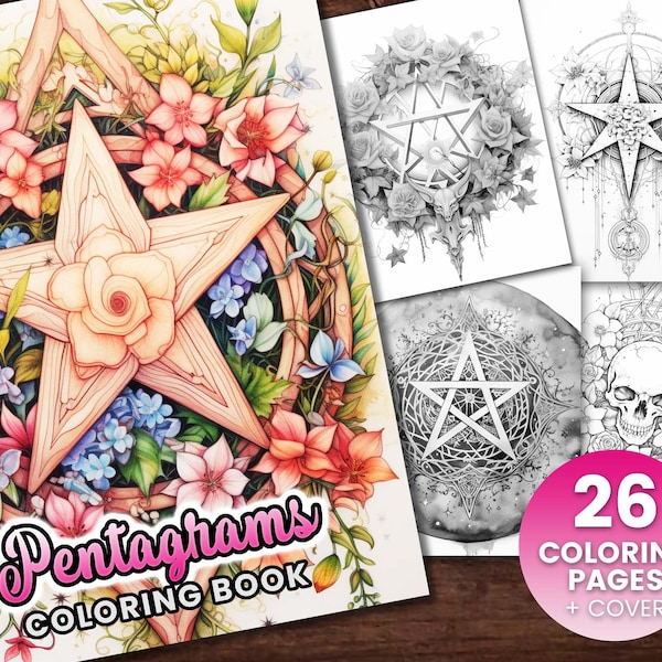 26 Pentagrams Coloring Book, Adults + kids- Download - Grayscale Coloring Page - Gift, Printable PDF, witchy, spiritual, leaves, flowers