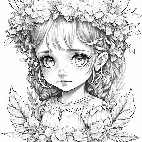 Sweet Fairy Darling Girl Coloring Page, Adults + kids- Instant Download Grayscale Coloring Page, Printable PDF, fairy coloring, cute girls