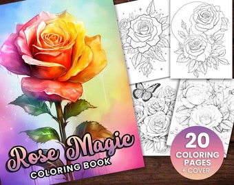 20 Rose Magic Collection Coloring Page, Adults + kids- Instant Download - Grayscale Coloring Page - Gift, Printable PDF, flower coloring