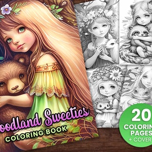 20 Woodland Sweeties Animals & Girls Fantasy Anime Coloring Page, Adults + kids- Download - Grayscale Coloring Page - Gift, Printable PDF