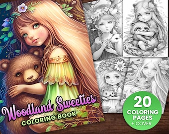 20 Woodland Sweeties Animals & Girls Fantasy Anime Coloring Page, Adults + kids- Download - Grayscale Coloring Page - Gift, Printable PDF