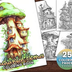 25 Enchanted Fairy Homes Coloring Book, Adults kids Instant Download -Grayscale Coloring Book -Printable PDF, gnomes, fairies, fantasy