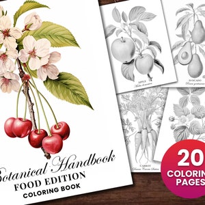 20 Botanical Handbook Fruits with Titles Coloring Page, Adults + kids- Instant Download - Grayscale Coloring Page - Gift, Printable PDF,