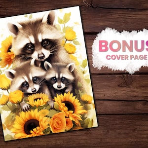 May include: A mother raccoon and her two babies are surrounded by sunflowers and other yellow flowers. The raccoons are all looking at the camera.