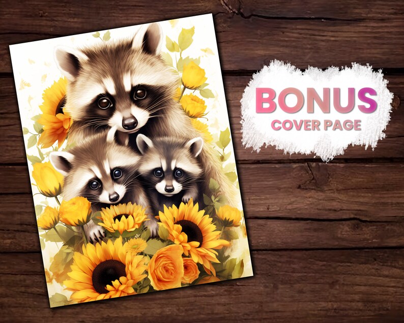May include: A mother raccoon and her two babies are surrounded by sunflowers and other yellow flowers. The raccoons are all looking at the camera.
