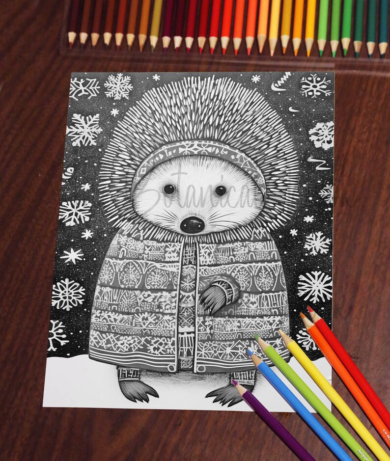 30 Cute Porcupines Animal Coloring Page Book, Adults + kids Instant Download Grayscale Coloring Page, Printable PDF, Feast, Family, Cute image 9