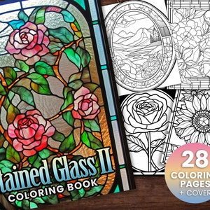 28 Stained Glass II Collection Coloring Page, Adults + kids- Instant Download - Grayscale Coloring Page - Gift, Printable PDF, stained glass