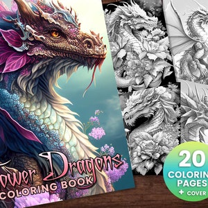 20 Flower Dragon Fantasy Coloring Page Book, Adults + kids- Instant Download - Grayscale Coloring Page, Printable PDF, Dragons coloring,