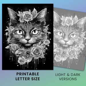 K&ouml;nnte beinhalten: Druckbare Malvorlage mit einer Schwarzwei&szlig;illustration eines Katzenkopfes, umgeben von Rosen. Die Katze hat ein mystisches Symbol auf der Stirn und tropfende Farbeffekte. Das Bild ist mit "Printable Letter Size" und "Light & Dark Versions" beschriftet.